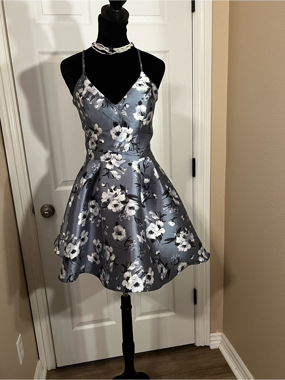 B Darlin Gray Floral Spaghetti Strap Fit-and-Flare Mini Dress